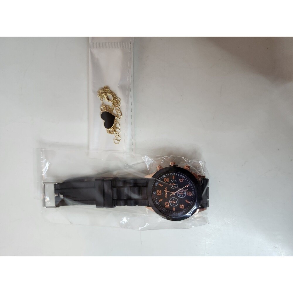 GENEVA WATCH Black Sports Wristwatch Quartz With Heart Bracelet.